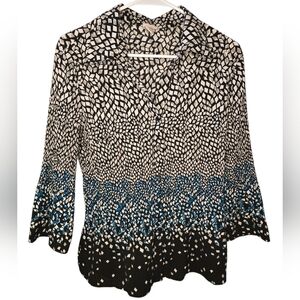 Covington Black and White Graphic Blouse with Notched Collar